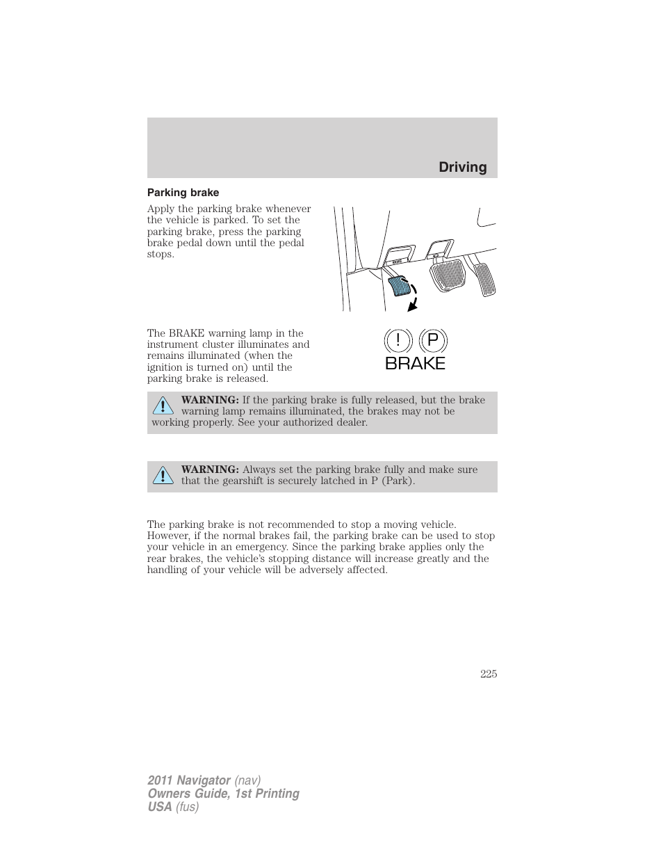 Parking brake, P! brake | Lincoln 2011 Navigator User Manual | Page 225 / 370