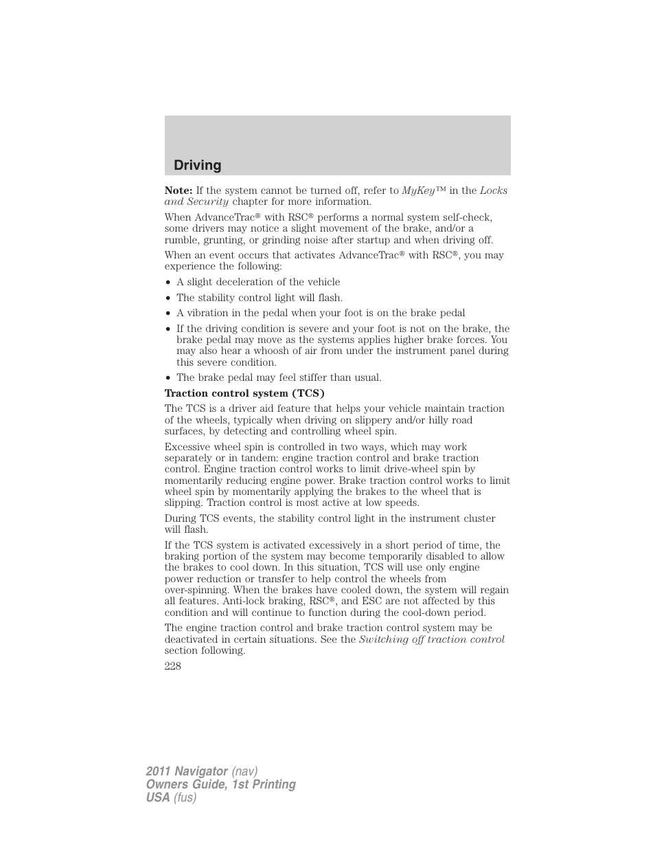 Driving | Lincoln 2011 Navigator User Manual | Page 228 / 370