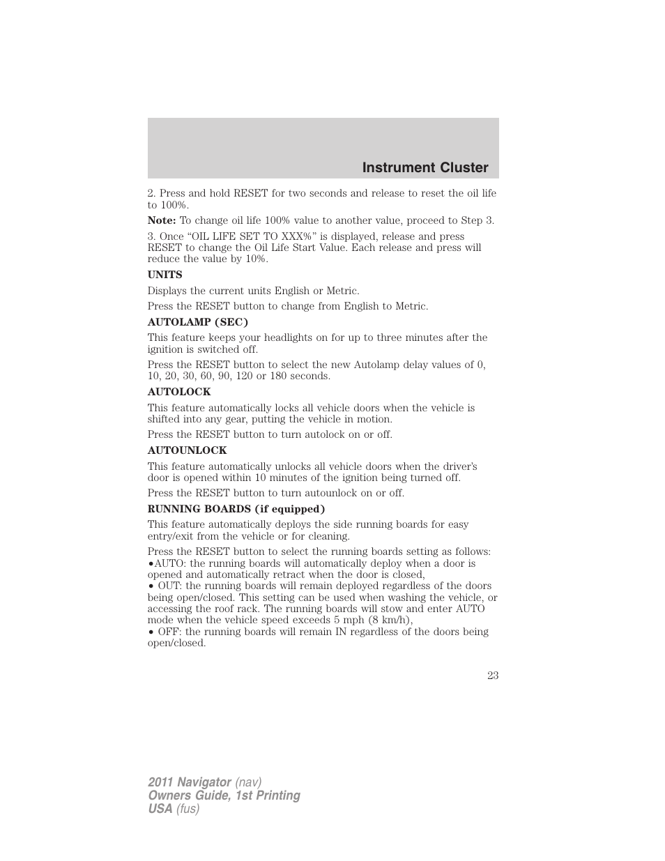 Instrument cluster | Lincoln 2011 Navigator User Manual | Page 23 / 370