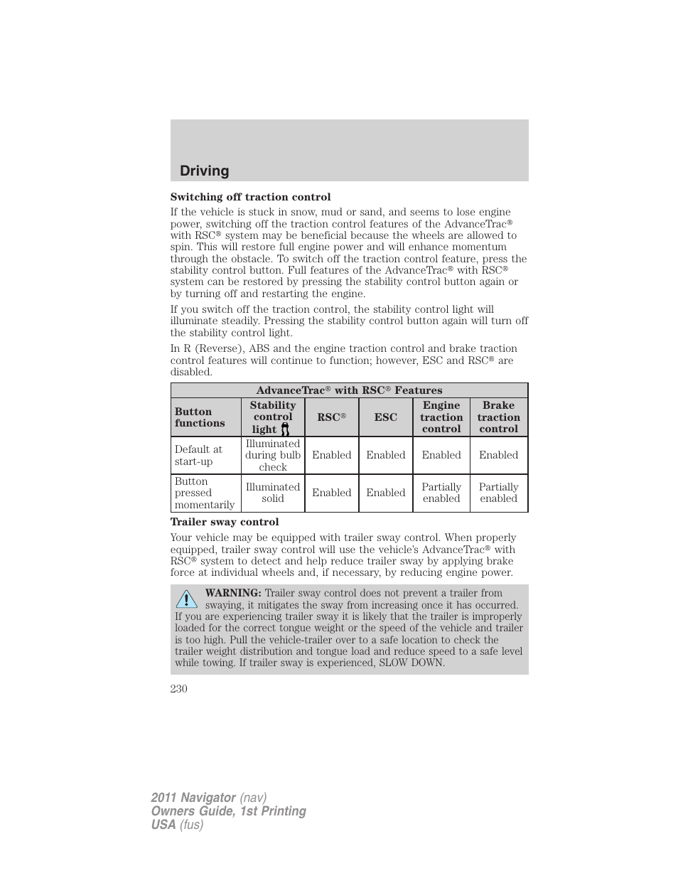 Driving | Lincoln 2011 Navigator User Manual | Page 230 / 370