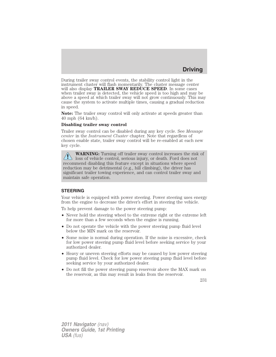 Steering, Driving | Lincoln 2011 Navigator User Manual | Page 231 / 370