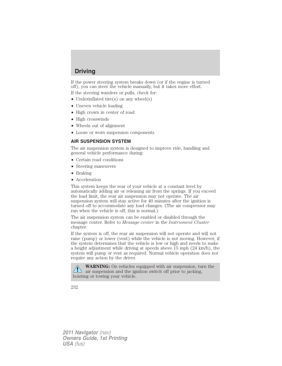 Air suspension system, Air suspension, Driving | Lincoln 2011 Navigator User Manual | Page 232 / 370