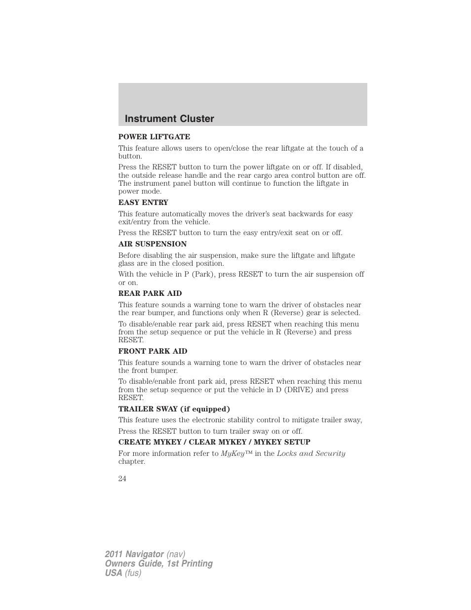 Instrument cluster | Lincoln 2011 Navigator User Manual | Page 24 / 370