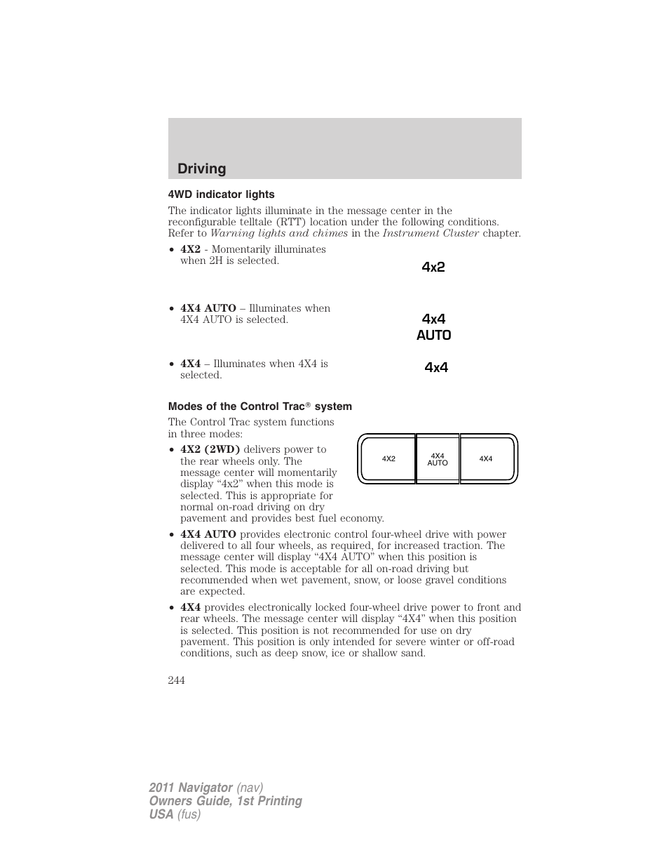 4wd indicator lights, Modes of the control trac system, Driving | Lincoln 2011 Navigator User Manual | Page 244 / 370