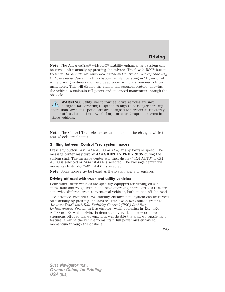 Shifting between control trac system modes, Driving off-road with truck and utility vehicles, Driving | Lincoln 2011 Navigator User Manual | Page 245 / 370