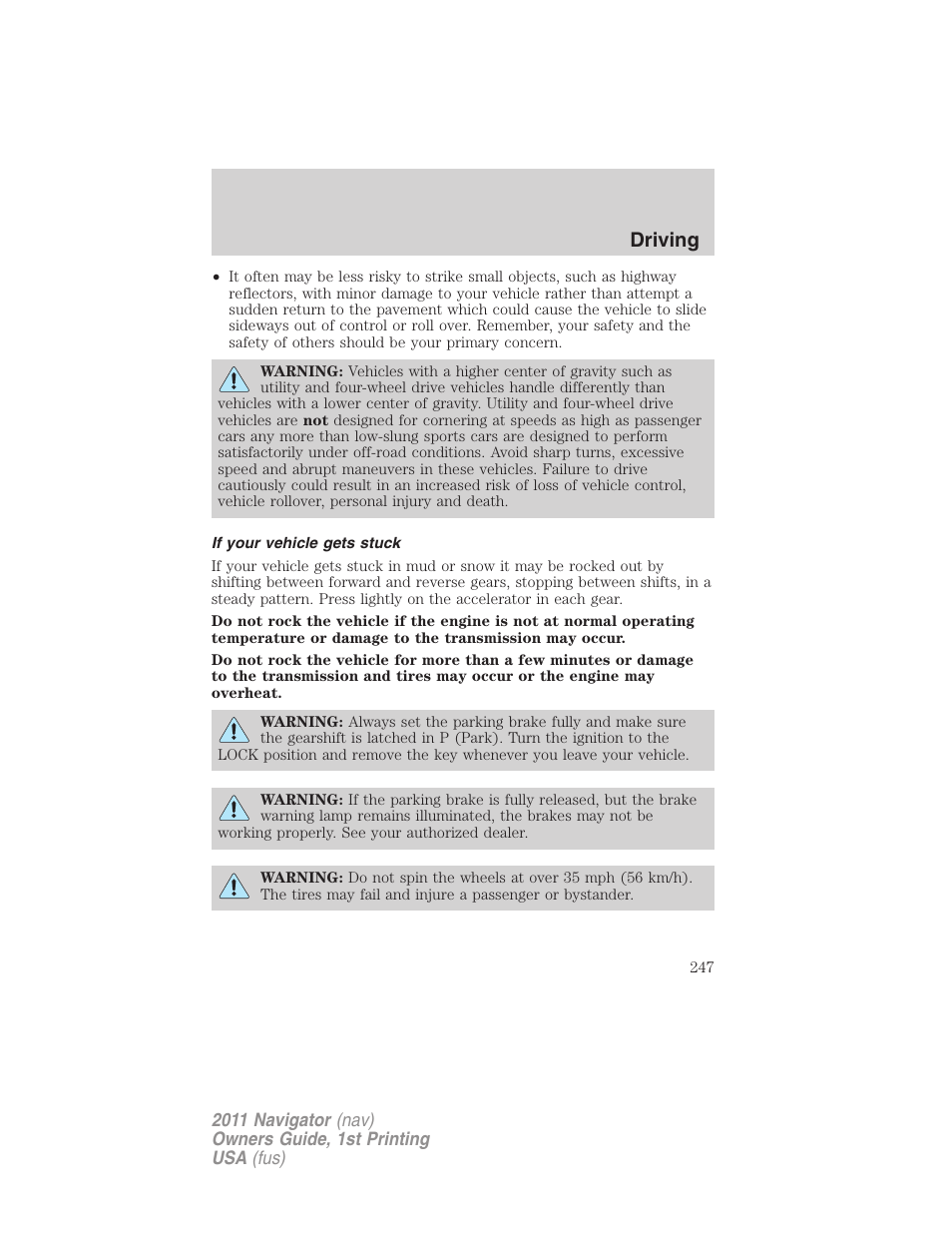 If your vehicle gets stuck, Driving | Lincoln 2011 Navigator User Manual | Page 247 / 370