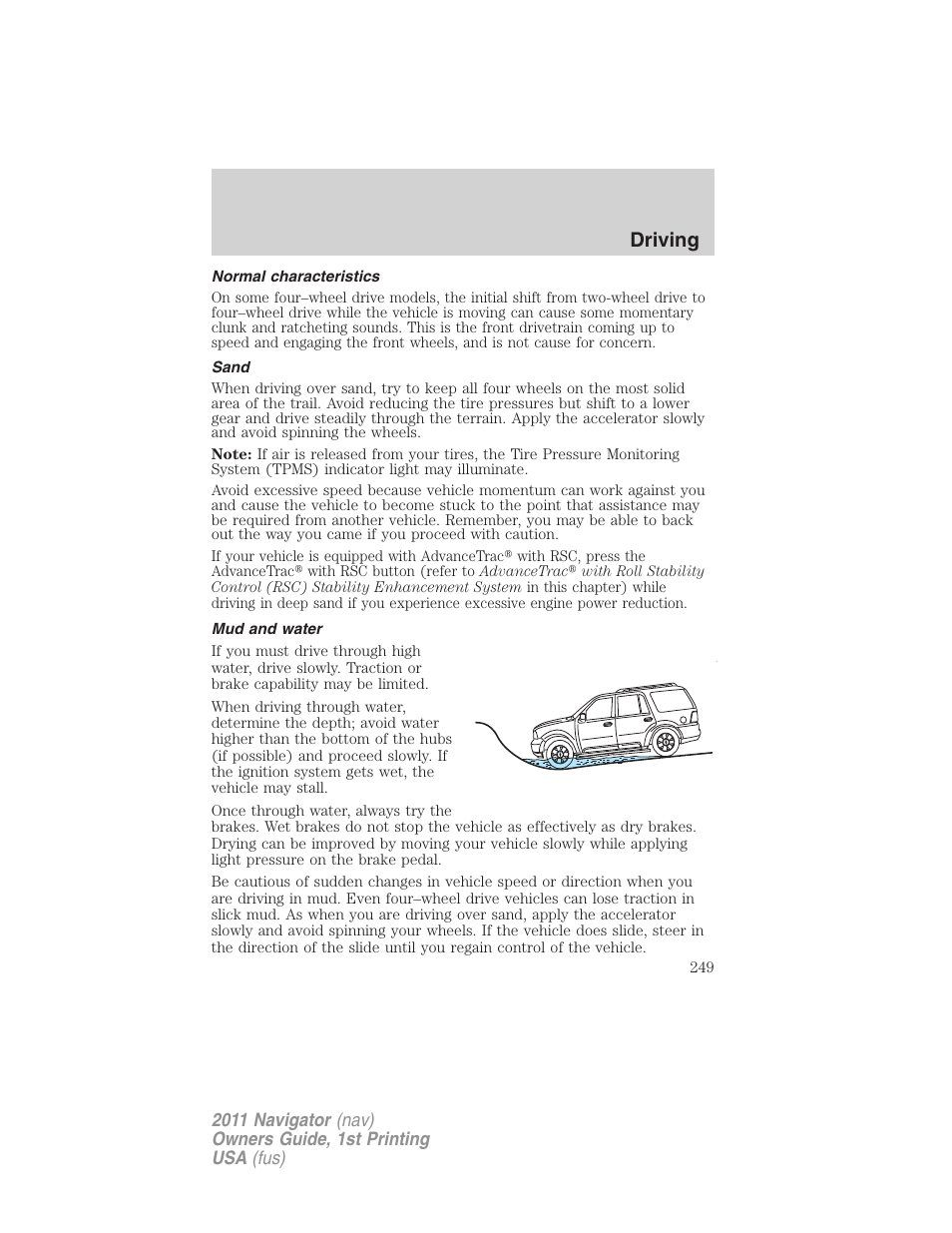 Normal characteristics, Sand, Mud and water | Driving | Lincoln 2011 Navigator User Manual | Page 249 / 370