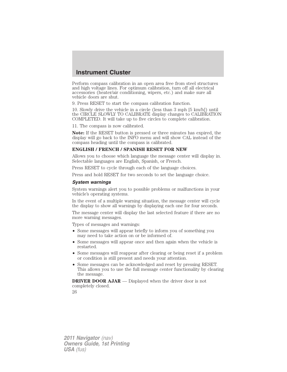 System warnings, Instrument cluster | Lincoln 2011 Navigator User Manual | Page 26 / 370