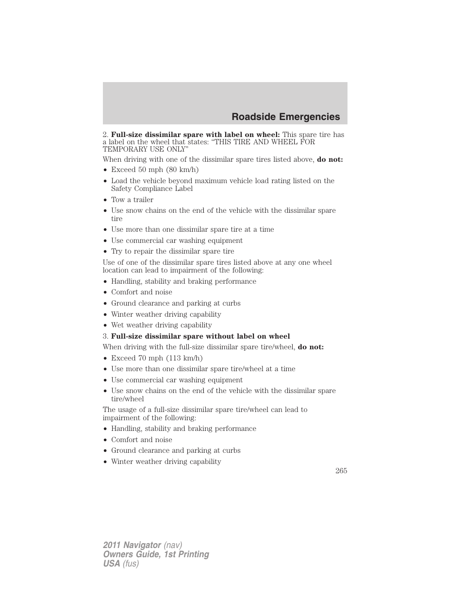 Roadside emergencies | Lincoln 2011 Navigator User Manual | Page 265 / 370