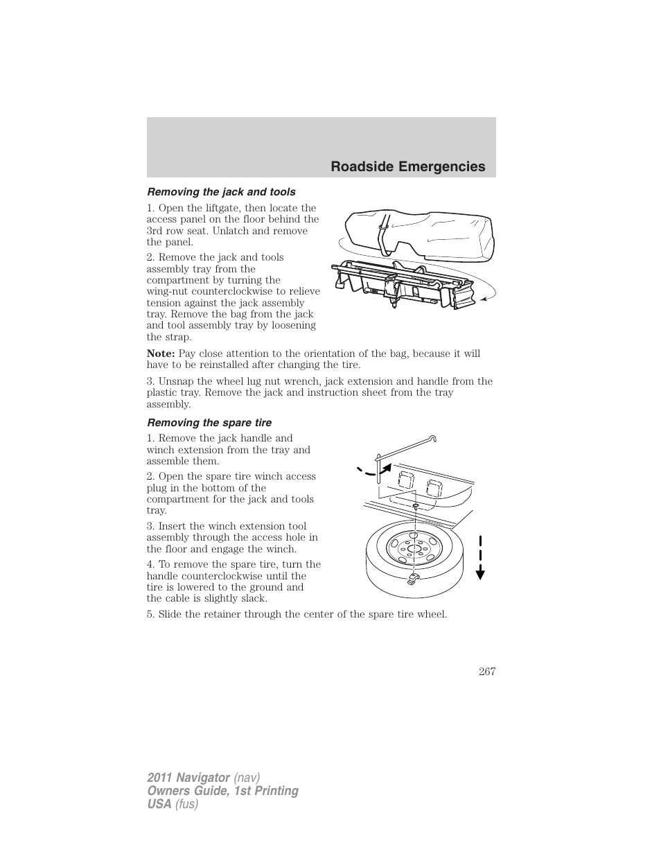 Removing the jack and tools, Removing the spare tire, Roadside emergencies | Lincoln 2011 Navigator User Manual | Page 267 / 370