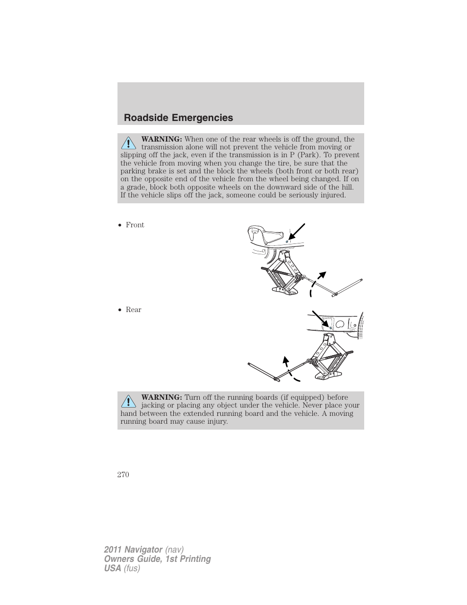 Roadside emergencies | Lincoln 2011 Navigator User Manual | Page 270 / 370