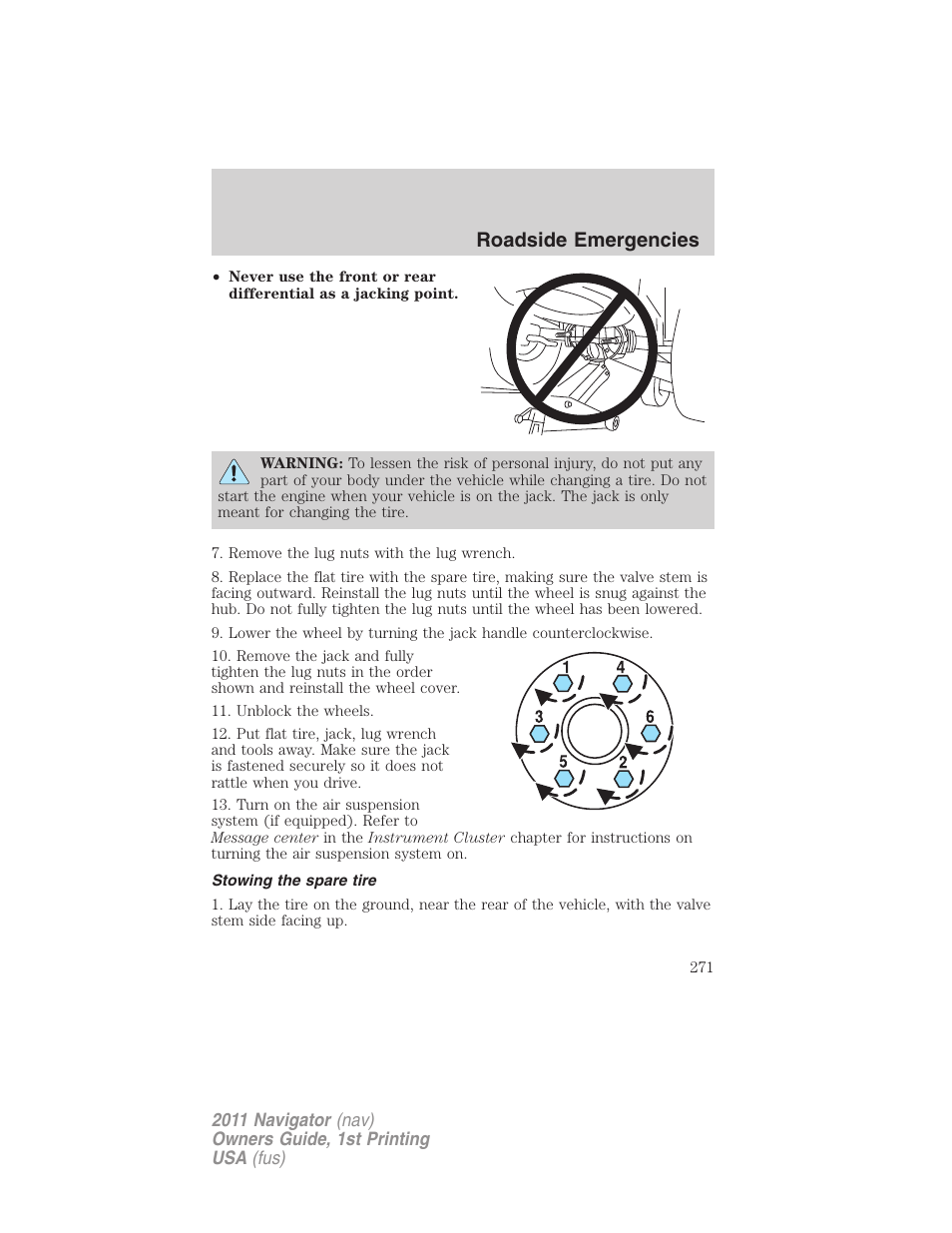 Stowing the spare tire, Roadside emergencies | Lincoln 2011 Navigator User Manual | Page 271 / 370