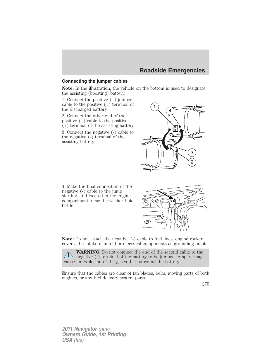 Connecting the jumper cables, Roadside emergencies | Lincoln 2011 Navigator User Manual | Page 275 / 370