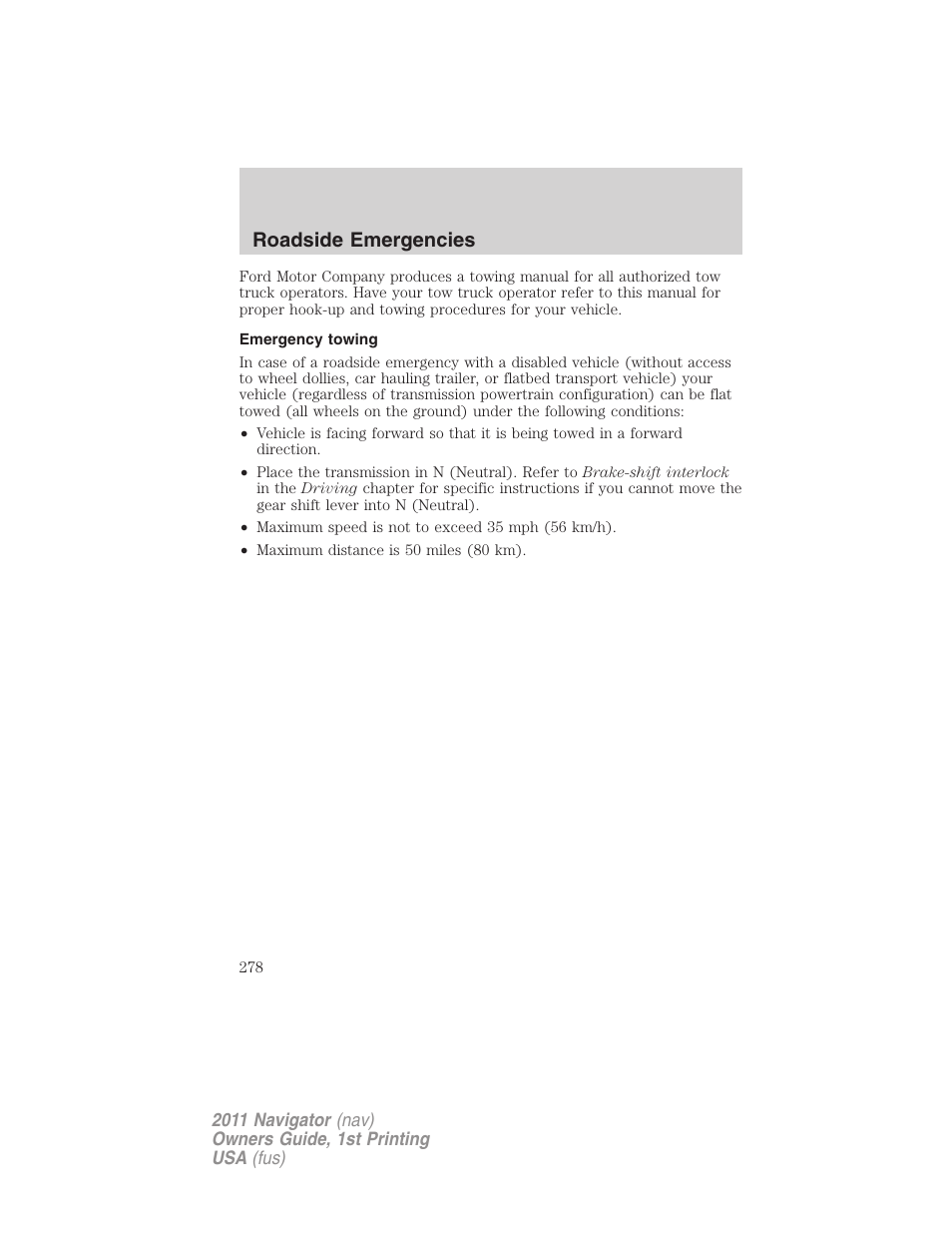 Emergency towing, Roadside emergencies | Lincoln 2011 Navigator User Manual | Page 278 / 370