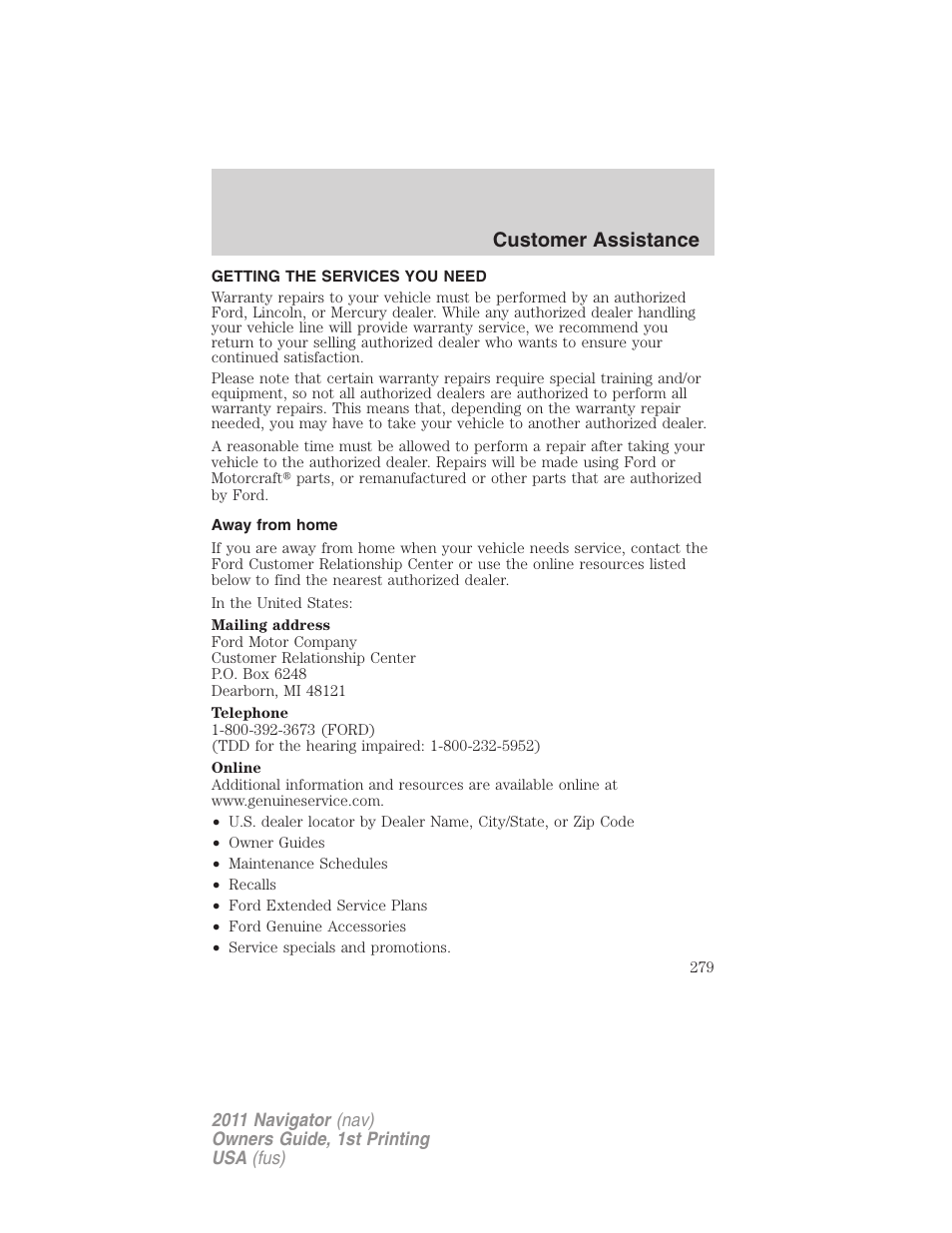 Customer assistance, Getting the services you need, Away from home | Lincoln 2011 Navigator User Manual | Page 279 / 370