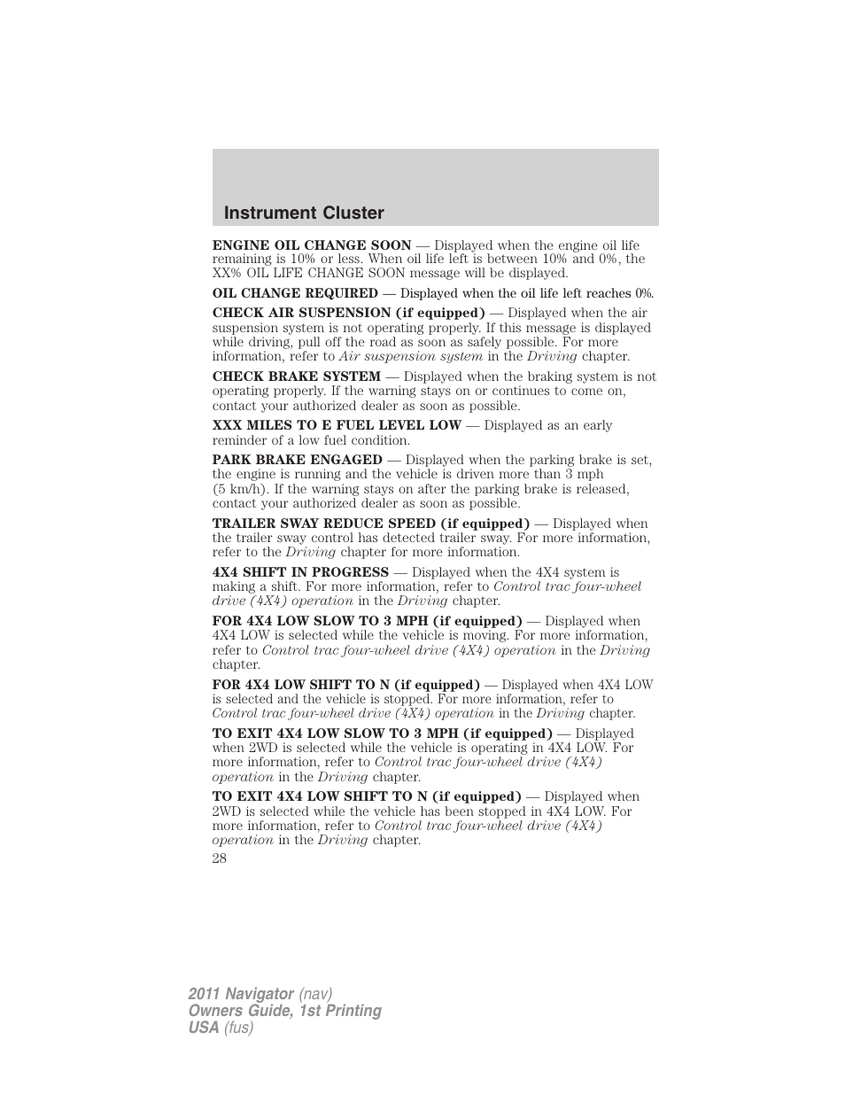 Instrument cluster | Lincoln 2011 Navigator User Manual | Page 28 / 370