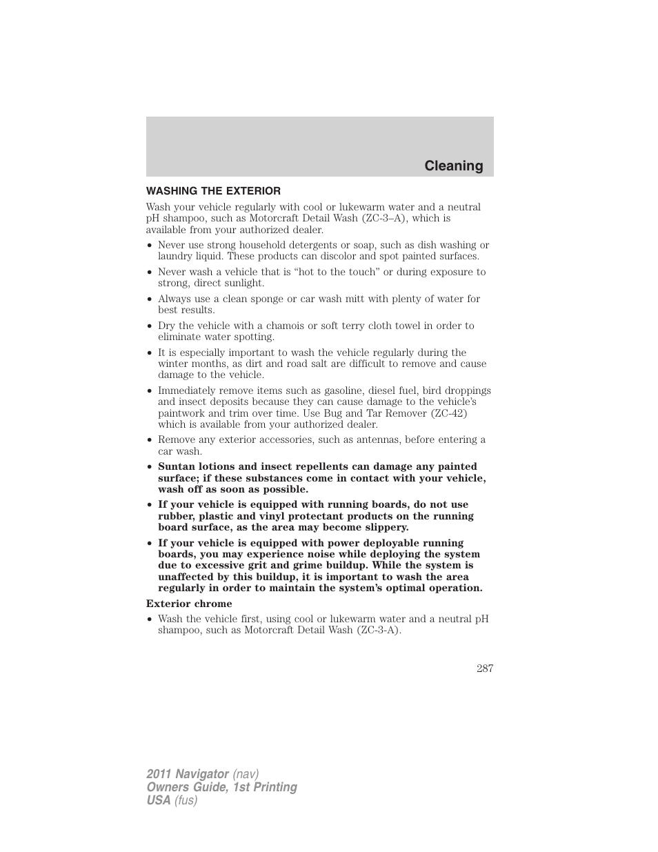 Cleaning, Washing the exterior | Lincoln 2011 Navigator User Manual | Page 287 / 370