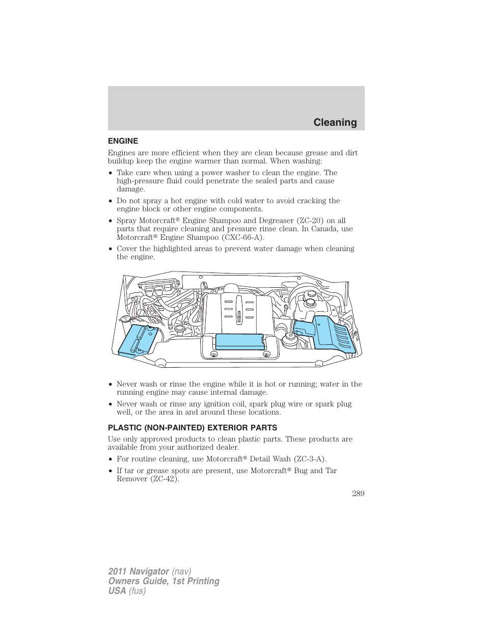 Engine, Plastic (non-painted) exterior parts, Cleaning | Lincoln 2011 Navigator User Manual | Page 289 / 370