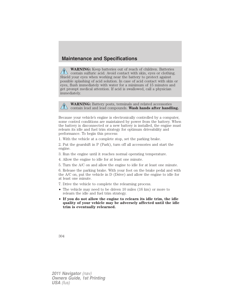 Maintenance and specifications | Lincoln 2011 Navigator User Manual | Page 304 / 370