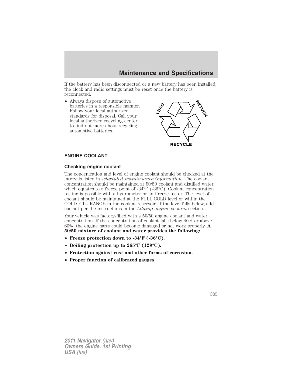 Engine coolant, Checking engine coolant, Maintenance and specifications | Lincoln 2011 Navigator User Manual | Page 305 / 370