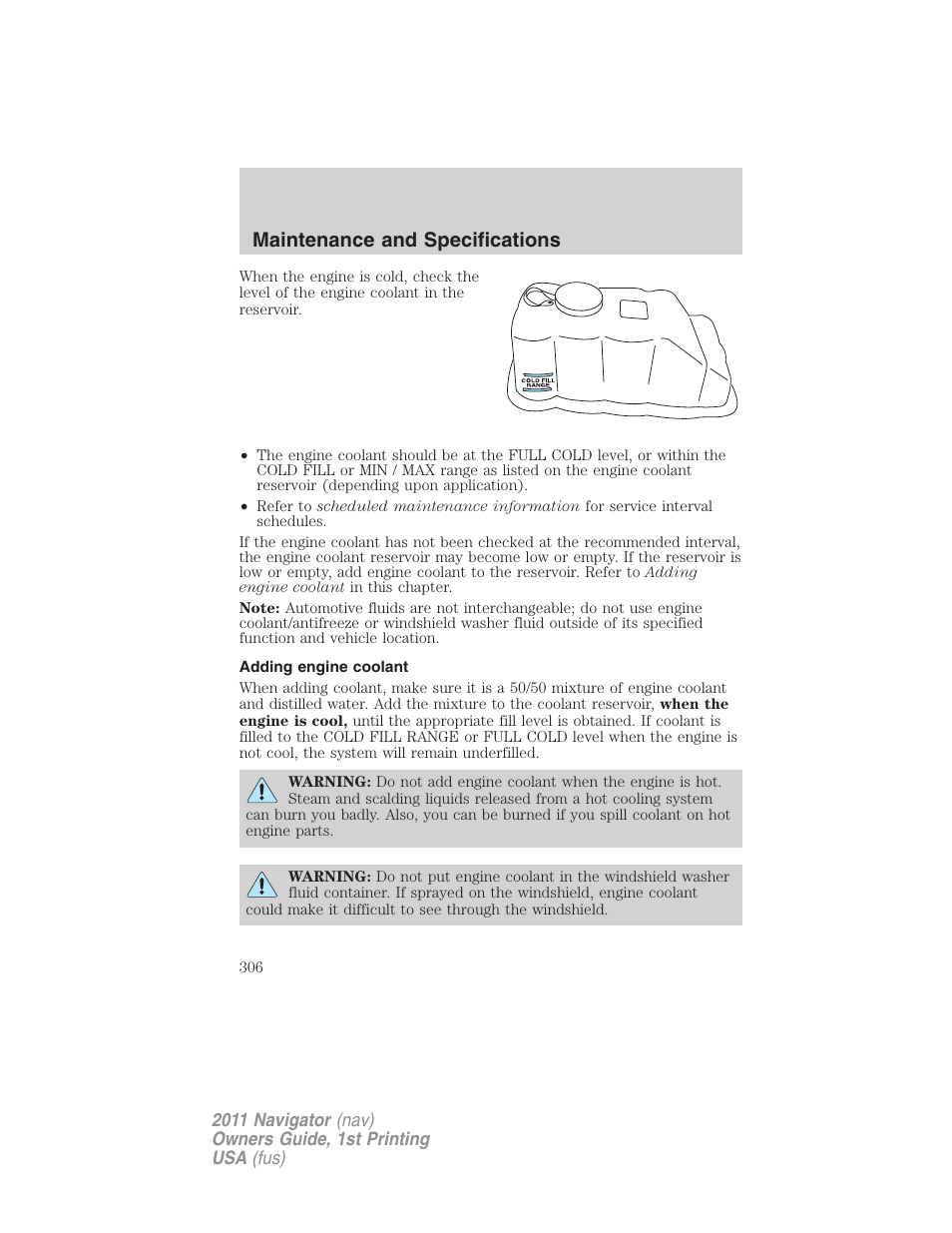 Adding engine coolant, Maintenance and specifications | Lincoln 2011 Navigator User Manual | Page 306 / 370