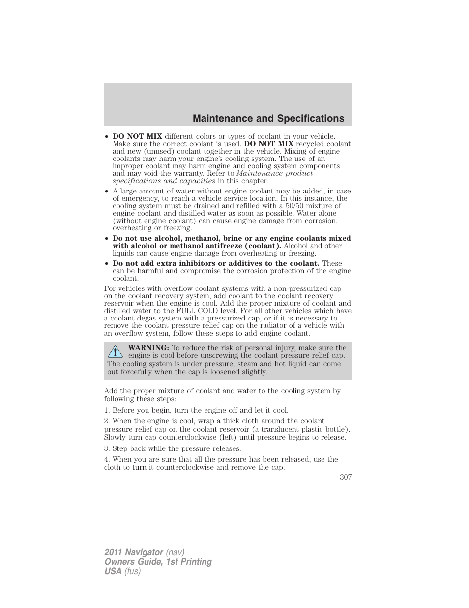 Maintenance and specifications | Lincoln 2011 Navigator User Manual | Page 307 / 370