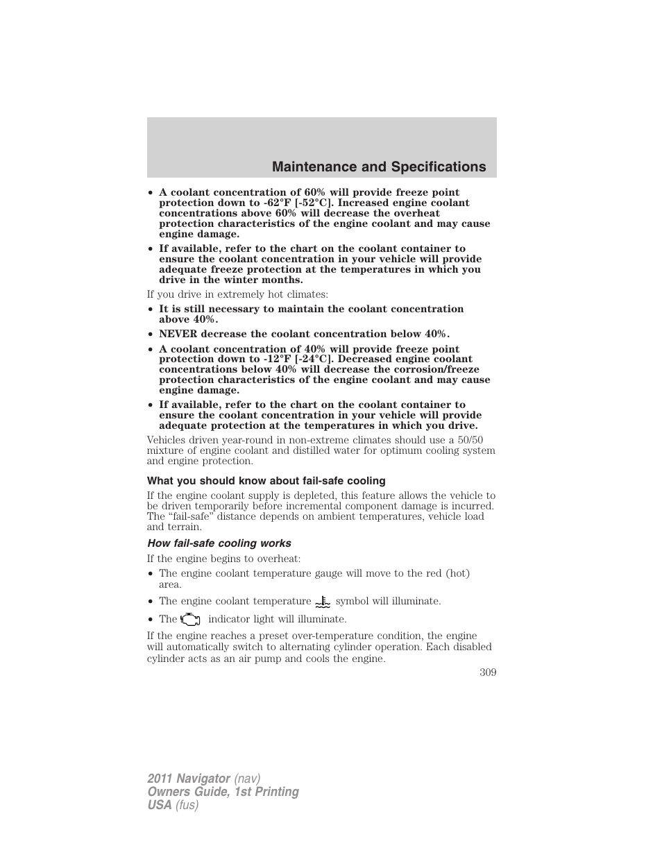 What you should know about fail-safe cooling, How fail-safe cooling works, Maintenance and specifications | Lincoln 2011 Navigator User Manual | Page 309 / 370