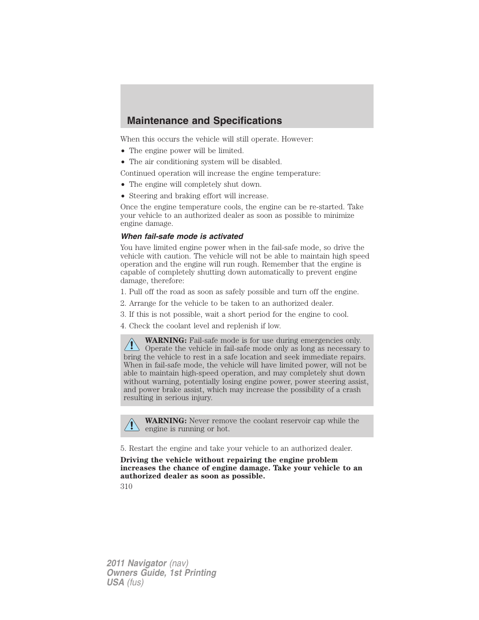 When fail-safe mode is activated, Maintenance and specifications | Lincoln 2011 Navigator User Manual | Page 310 / 370