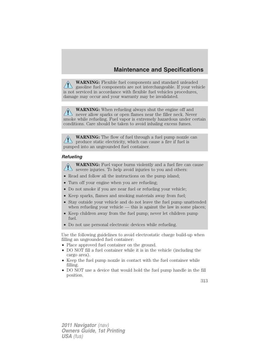 Refueling, Maintenance and specifications | Lincoln 2011 Navigator User Manual | Page 313 / 370