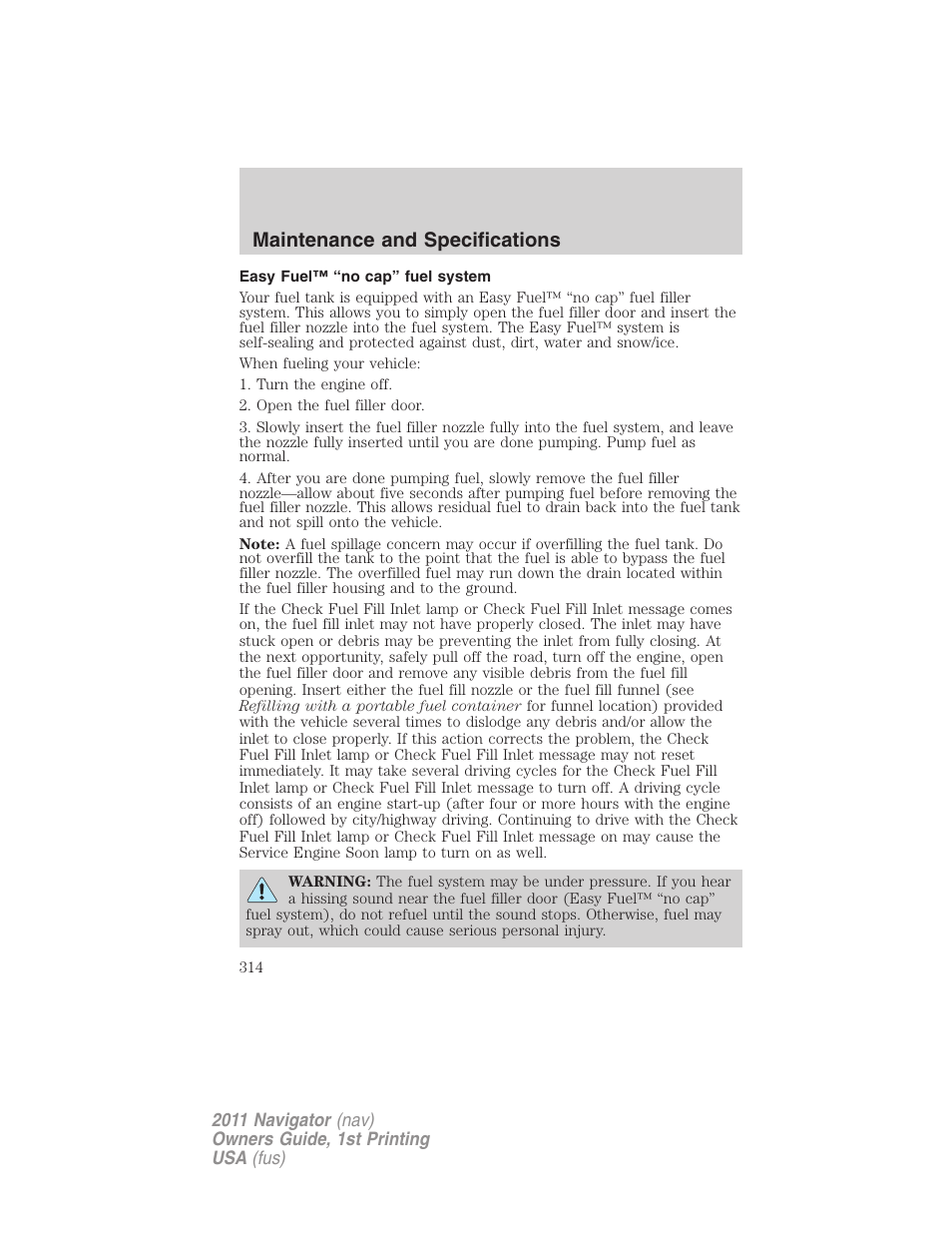 Easy fuel™ “no cap” fuel system, Maintenance and specifications | Lincoln 2011 Navigator User Manual | Page 314 / 370