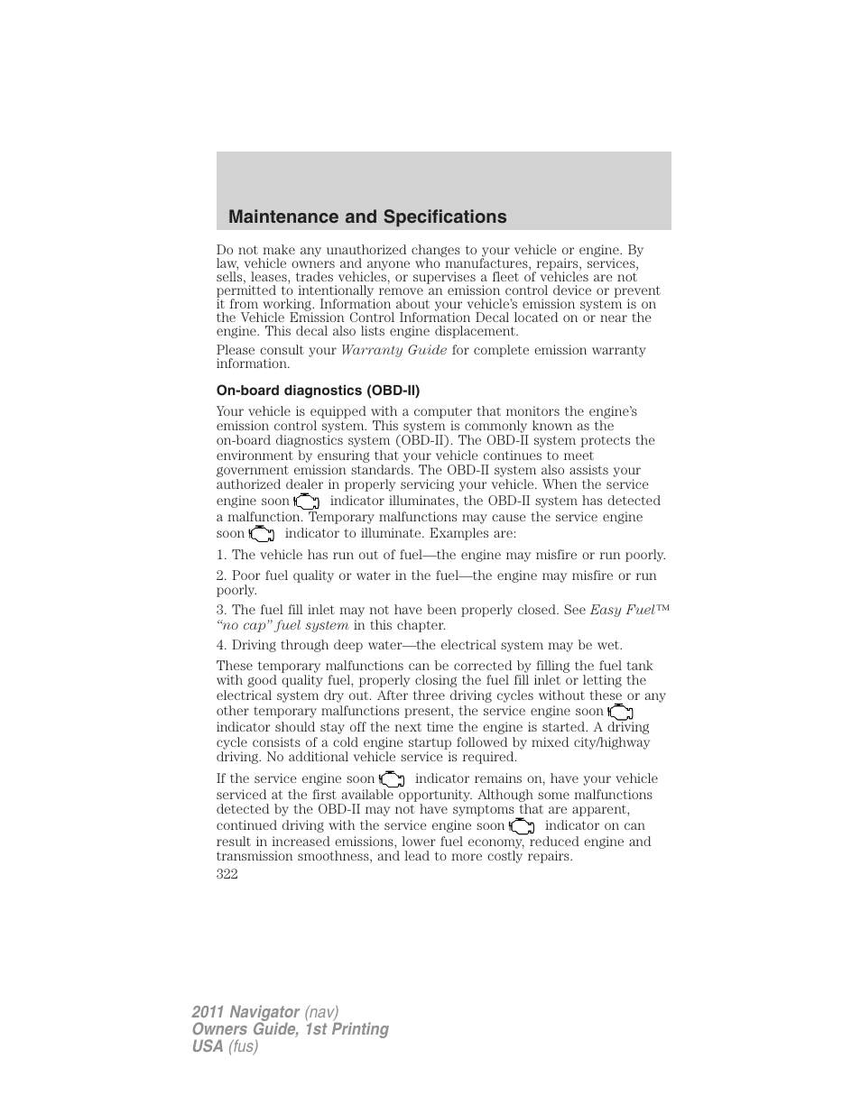 On-board diagnostics (obd-ii), Maintenance and specifications | Lincoln 2011 Navigator User Manual | Page 322 / 370