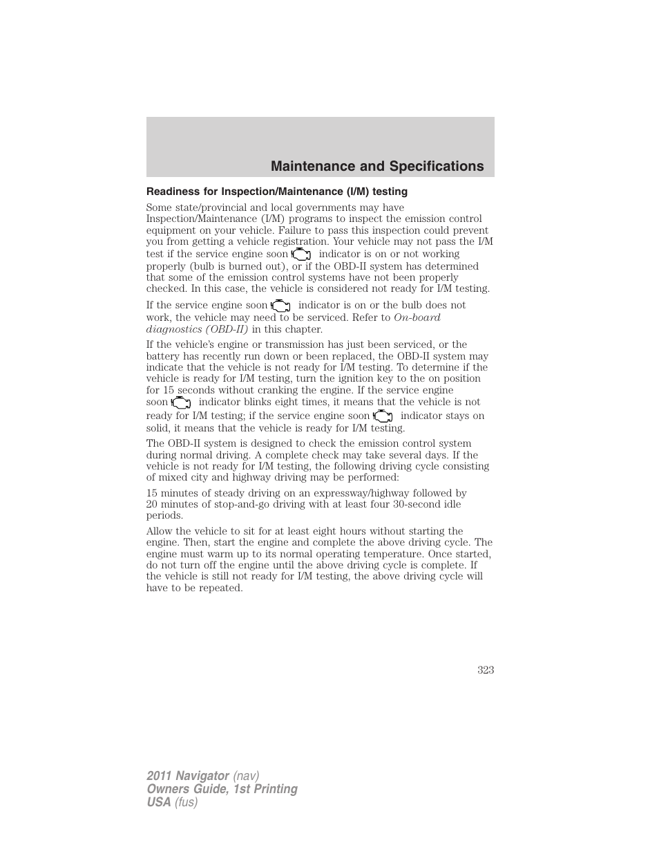 Readiness for inspection/maintenance (i/m) testing, Maintenance and specifications | Lincoln 2011 Navigator User Manual | Page 323 / 370