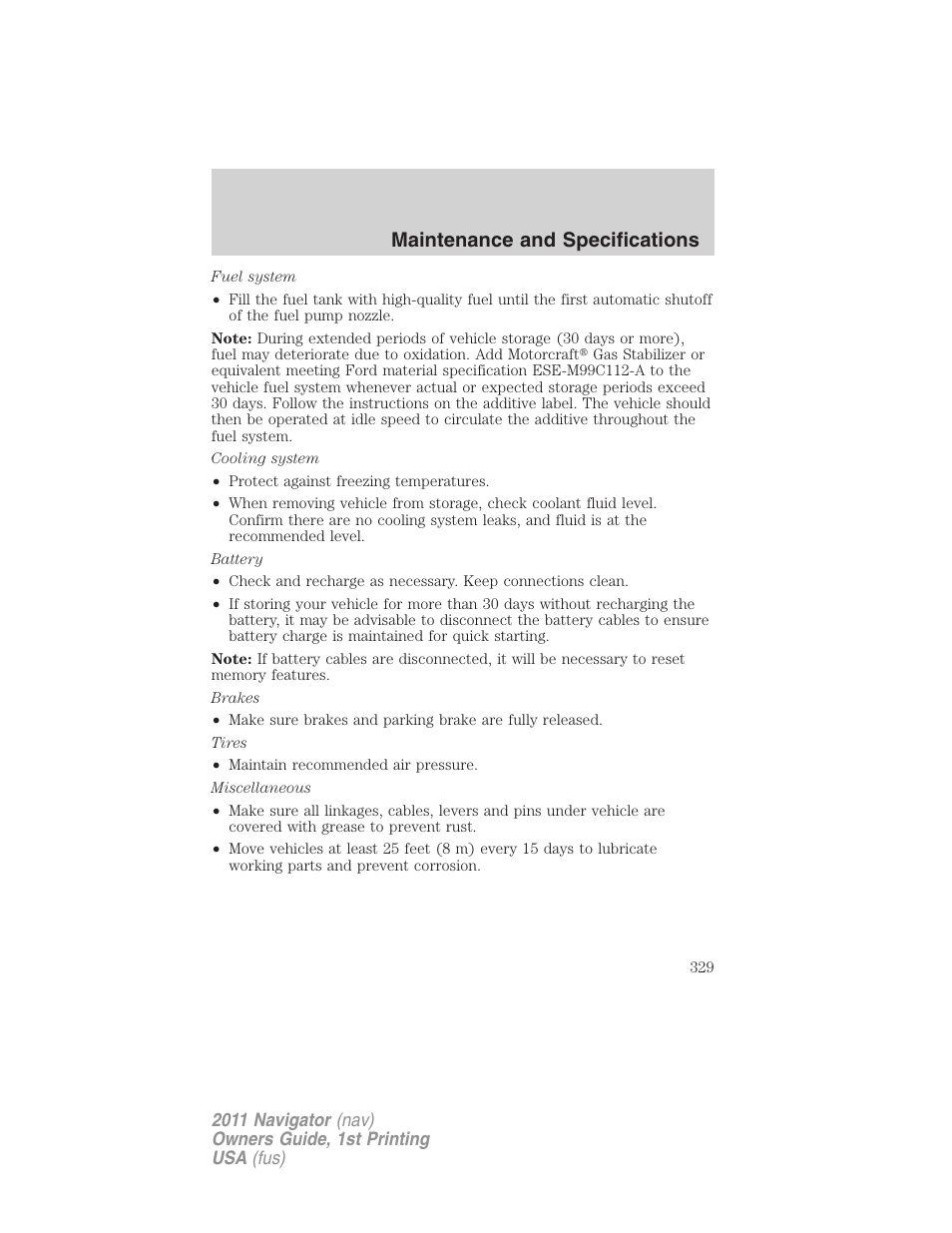 Maintenance and specifications | Lincoln 2011 Navigator User Manual | Page 329 / 370