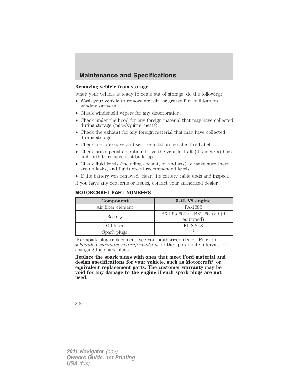 Motorcraft part numbers, Part numbers, Maintenance and specifications | Lincoln 2011 Navigator User Manual | Page 330 / 370