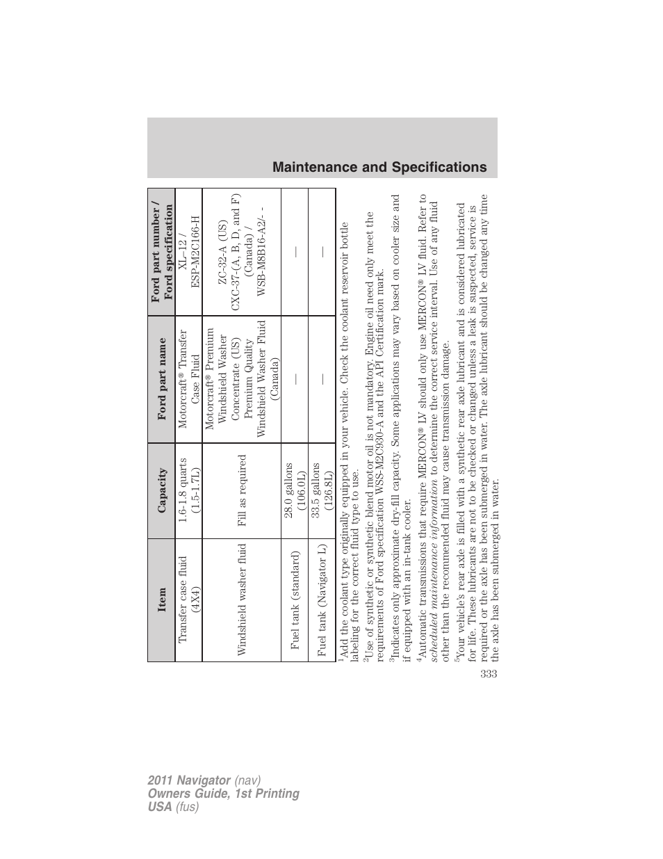 Maintenance and specifications | Lincoln 2011 Navigator User Manual | Page 333 / 370