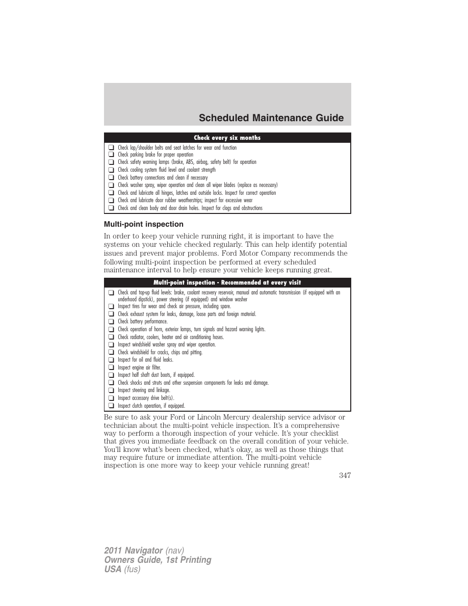 Multi-point inspection, Scheduled maintenance guide | Lincoln 2011 Navigator User Manual | Page 347 / 370