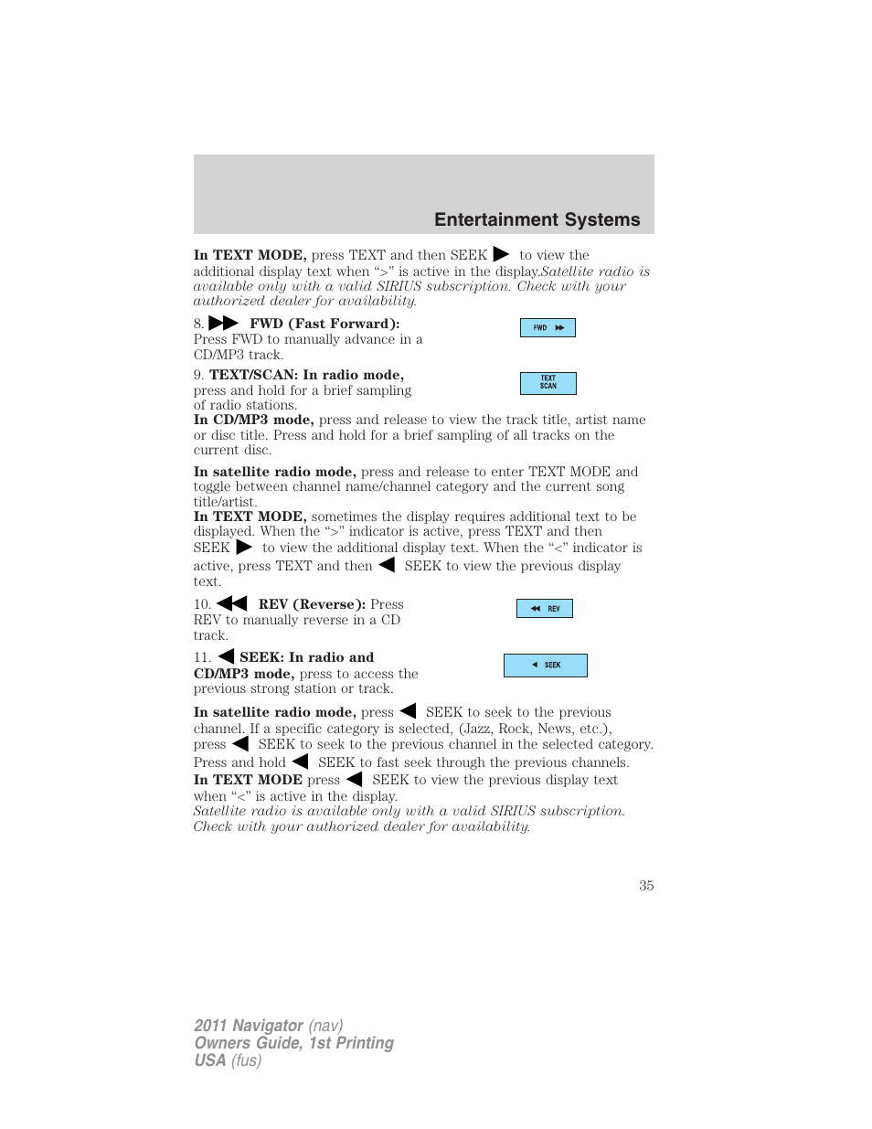 Entertainment systems | Lincoln 2011 Navigator User Manual | Page 35 / 370