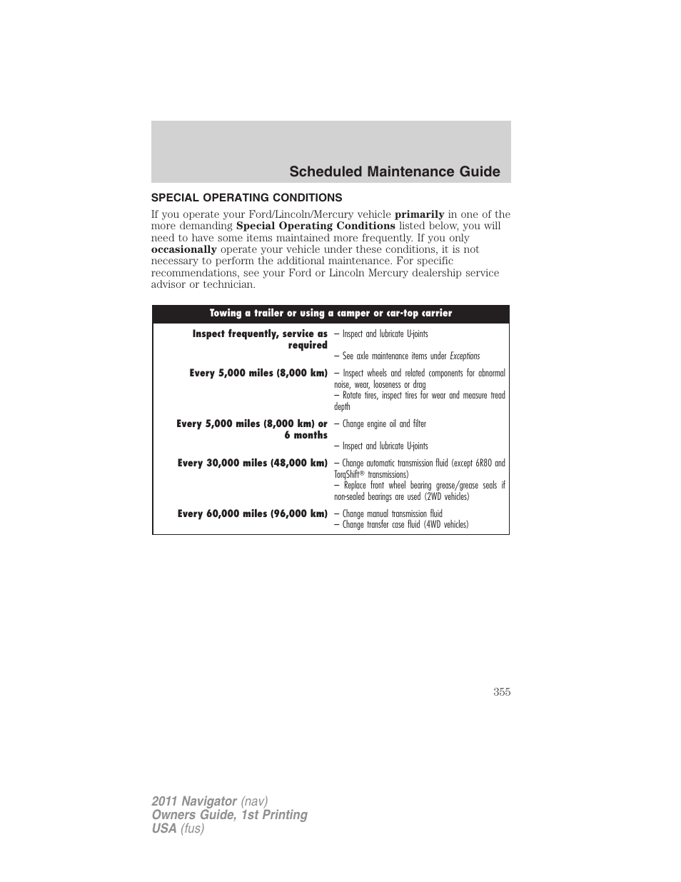 Special operating conditions, Scheduled maintenance guide | Lincoln 2011 Navigator User Manual | Page 355 / 370