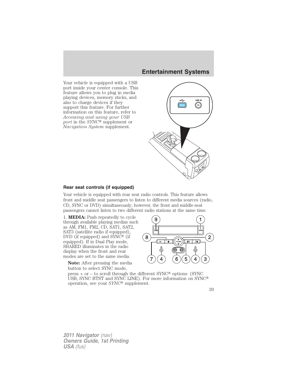 Rear seat controls (if equipped), Rear seat controls, Entertainment systems | Lincoln 2011 Navigator User Manual | Page 39 / 370