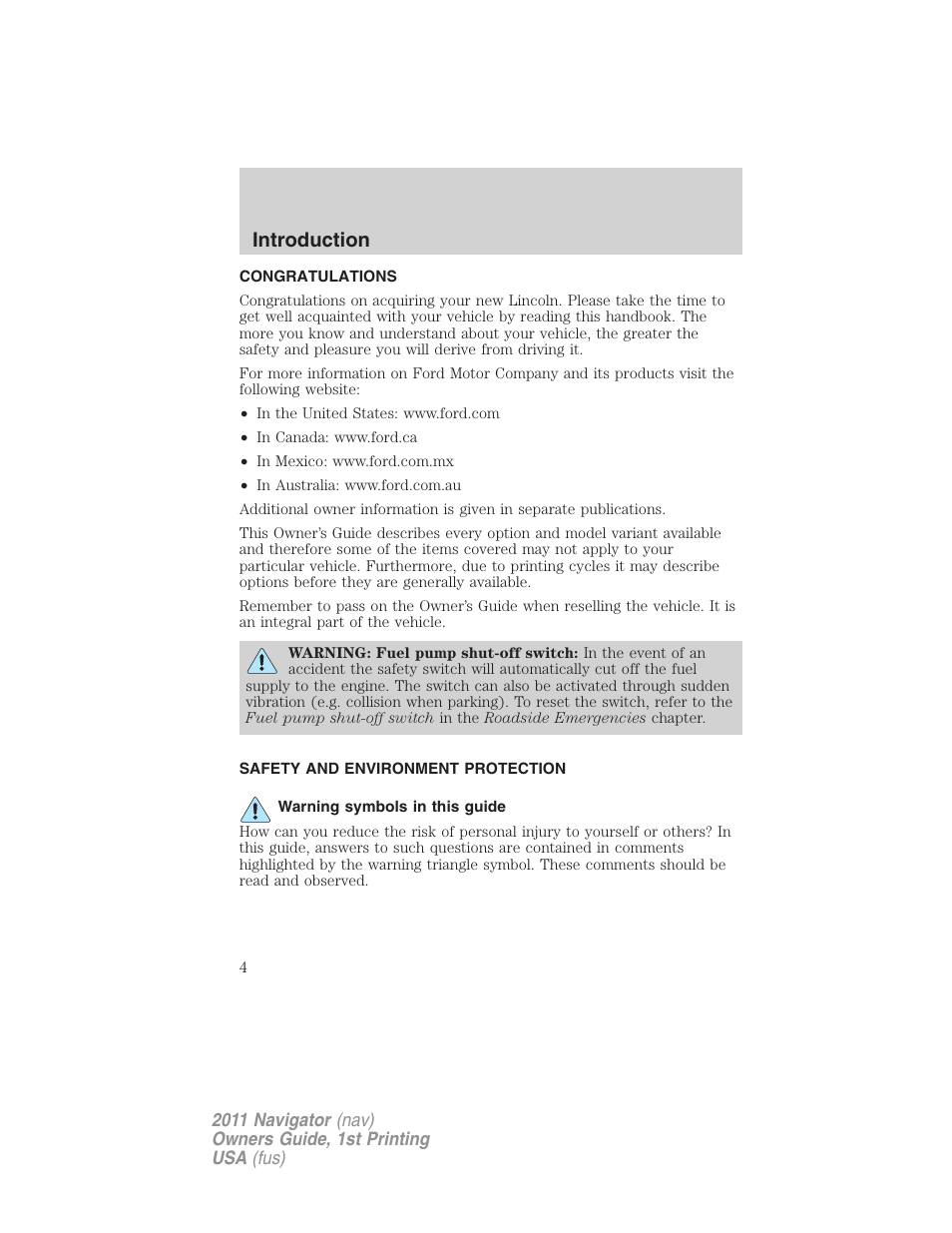 Introduction, Congratulations, Safety and environment protection | Warning symbols in this guide | Lincoln 2011 Navigator User Manual | Page 4 / 370