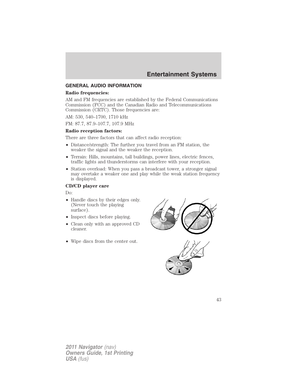 General audio information, Entertainment systems | Lincoln 2011 Navigator User Manual | Page 43 / 370