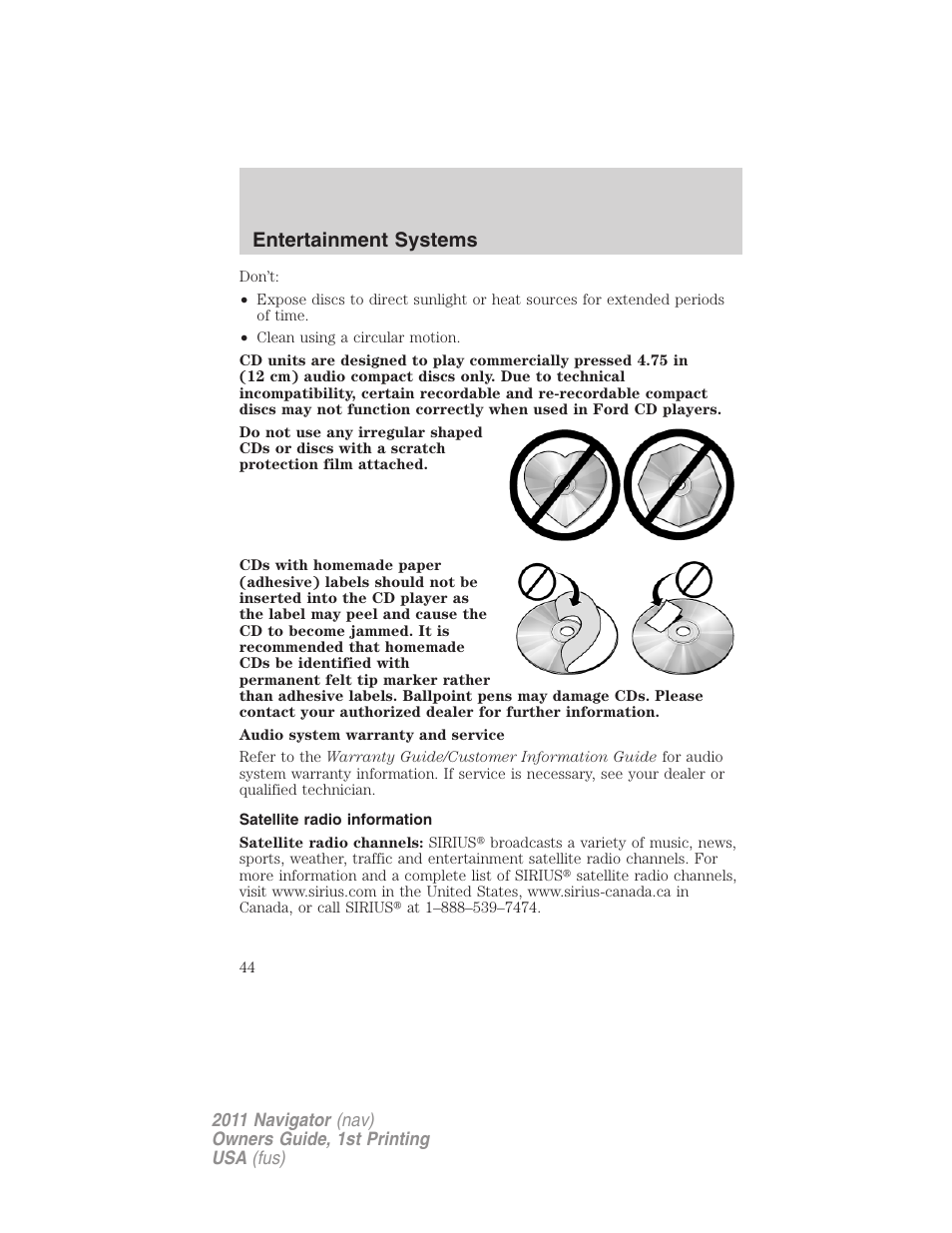 Satellite radio information, Entertainment systems | Lincoln 2011 Navigator User Manual | Page 44 / 370