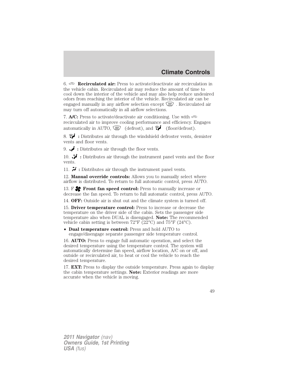 Climate controls | Lincoln 2011 Navigator User Manual | Page 49 / 370