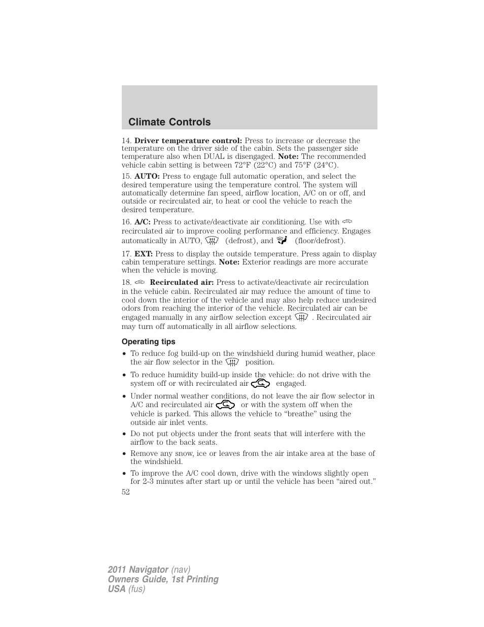 Operating tips, Climate controls | Lincoln 2011 Navigator User Manual | Page 52 / 370