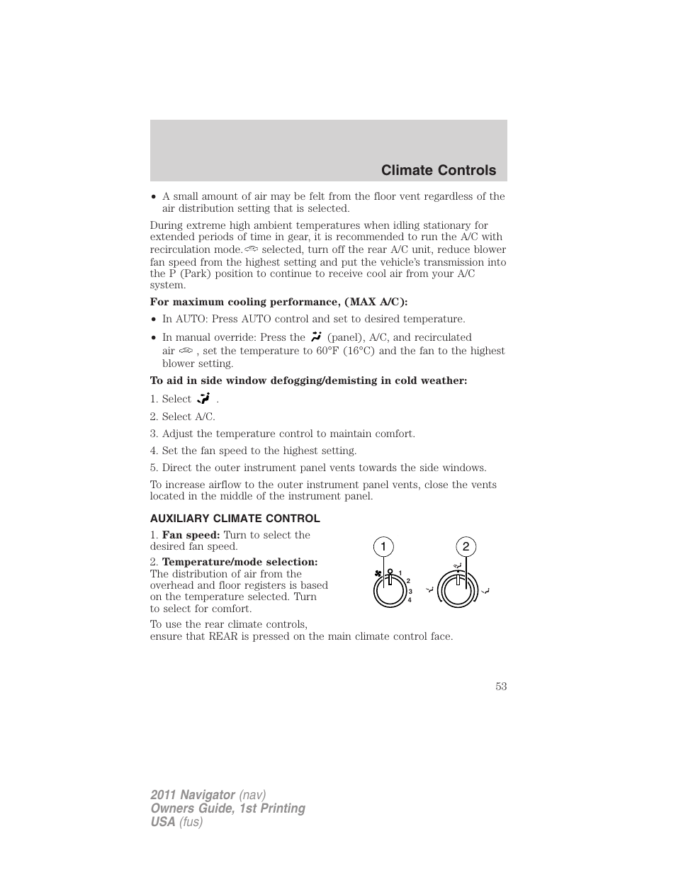 Auxiliary climate control, Climate controls | Lincoln 2011 Navigator User Manual | Page 53 / 370