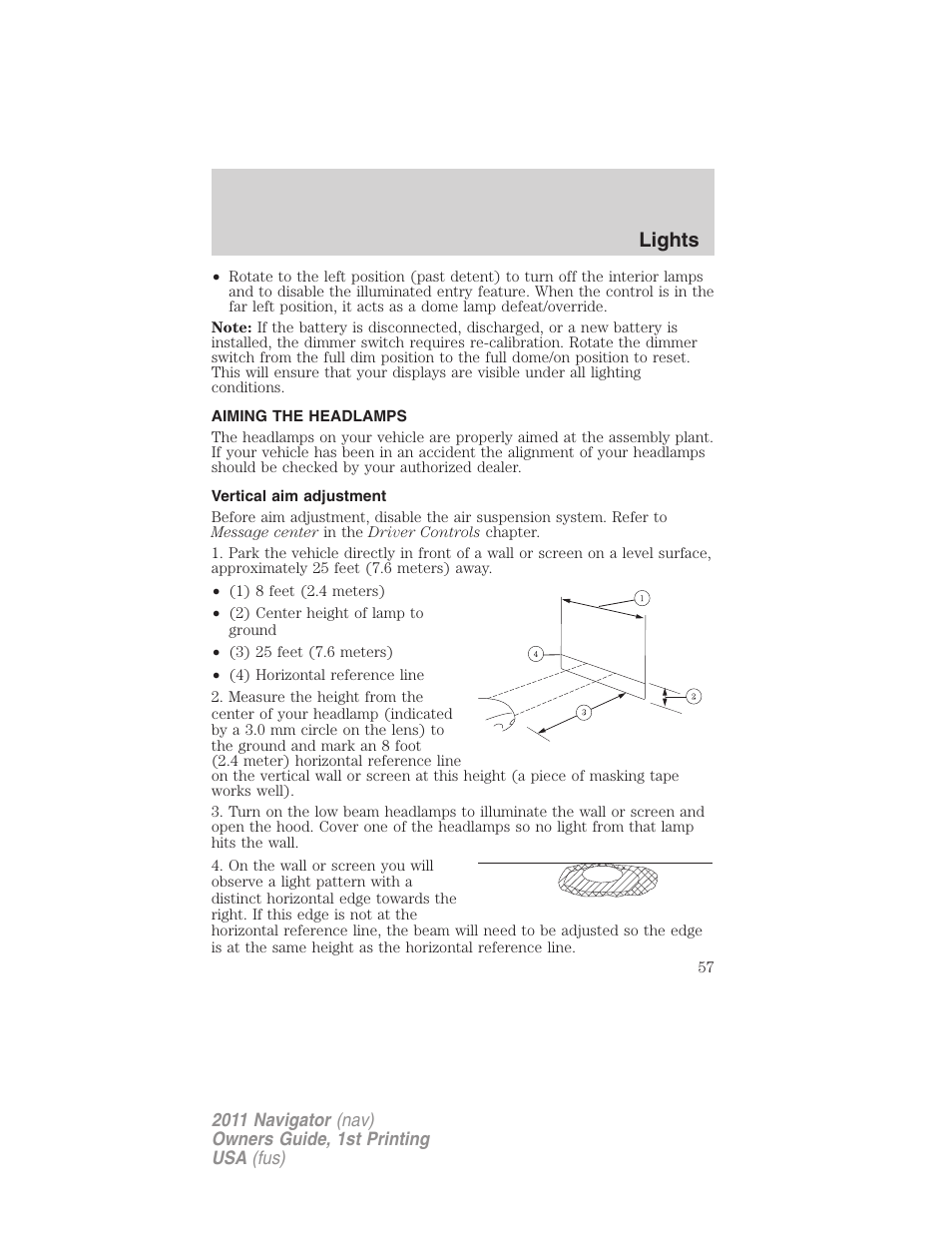 Aiming the headlamps, Vertical aim adjustment, Lights | Lincoln 2011 Navigator User Manual | Page 57 / 370