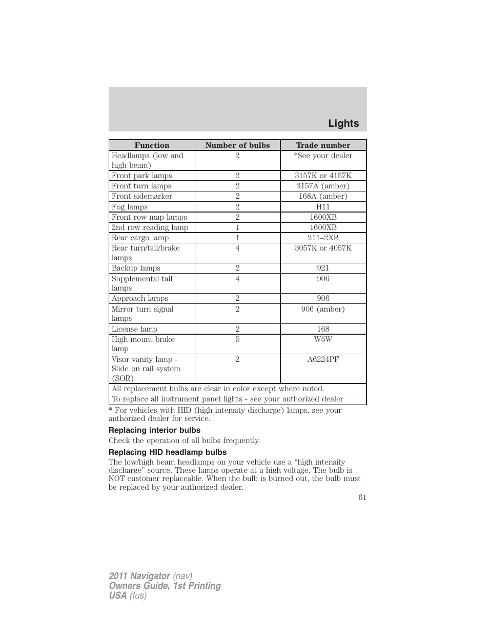 Replacing interior bulbs, Replacing hid headlamp bulbs, Lights | Lincoln 2011 Navigator User Manual | Page 61 / 370