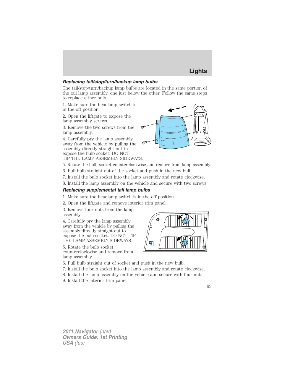 Replacing tail/stop/turn/backup lamp bulbs, Replacing supplemental tail lamp bulbs, Lights | Lincoln 2011 Navigator User Manual | Page 63 / 370