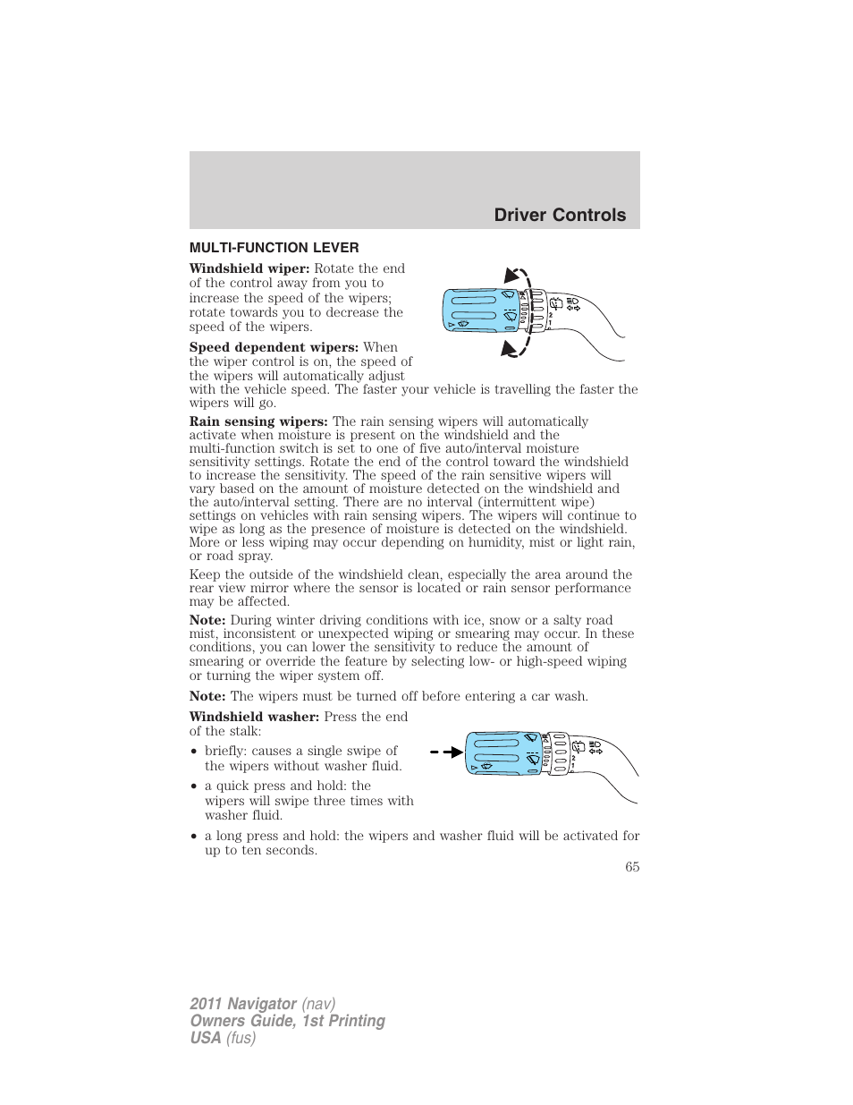 Driver controls, Multi-function lever, Windshield wiper/washer control | Lincoln 2011 Navigator User Manual | Page 65 / 370