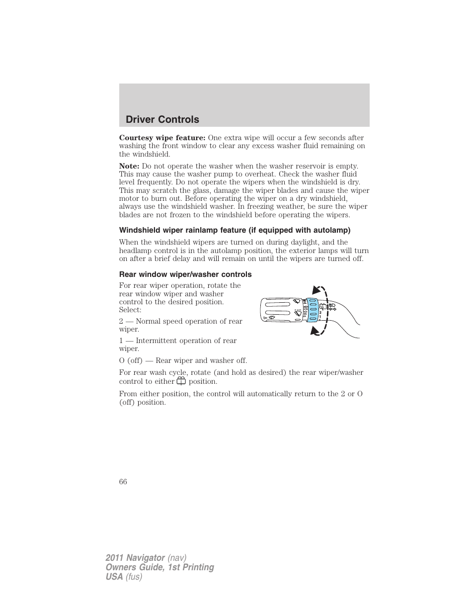 Rear window wiper/washer controls, Driver controls | Lincoln 2011 Navigator User Manual | Page 66 / 370